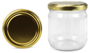 Rundglas 425 ml Wabenstruktur mit 82er gold, Rundglas 425 ml Wabenstruktur mit 82er gold, Frontansicht, ein Deckel stehend daneben