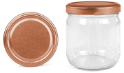 Rundglas 425 ml Wabenstruktur mit 82er kupfer Blueseal®, Frontansicht, ein Deckel stehend daneben