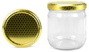 Rundglas 425 ml Wabenstruktur mit 82er Bieno®Wabe, Frontansicht, ein Deckel stehend daneben