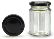Zwölfeckglas 192 ml mit 58er schwarz glänzend, Frontansicht, ein Deckel stehend daneben