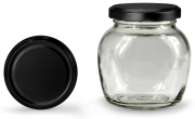 Ovalglas 212 ml mit 58er schwarz-matt, Frontansicht, ein Deckel stehend daneben