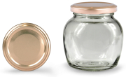 Ovalglas 212 ml mit 58er kupfer, Frontansicht, ein Deckel stehend daneben