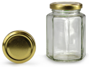 Achteckglas 280 ml mit 58er gold Blueseal®, Frontansicht, ein Deckel stehend daneben