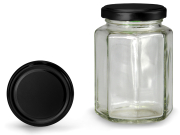 Achteckglas 280 ml mit 58er schwarz-matt, Frontansicht, ein Deckel stehend daneben
