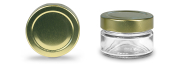Deep Rundglas 75 ml mit 58er gold, Frontansicht, ein Deckel stehend daneben