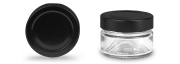 Deep Rundglas 75 ml mit 58er matt schwarz, Frontansicht, ein Deckel stehend daneben