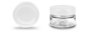Deep Rundglas 75 ml mit 58er weiß, Frontansicht, ein Deckel stehend daneben