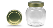 Deep Ovalglas 222 ml mit 58er gold, Frontansicht, ein Deckel stehend daneben