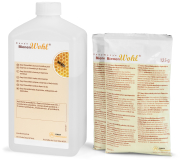 Dany's Bienenwohl 1000 g, Frontansicht, eine Flasche und 2 Beutel Saccharosepulver