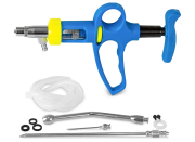 Imgut® Feindosierungs-Spritze, Seitenansicht, Gruppenbild aller Einzelteile