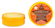 Lederbalsam, Frontansicht, Dose offen, Deckel stehend daneben