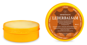 Lederbalsam, Frontansicht, Dose offen, Deckel stehend daneben