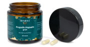 Bienatura® Propolis Kapseln grün, Frontansicht, 2 Kapseln davor, Deckel daneben