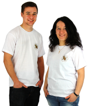 Imker T-Shirts, Unisex, weiß, Frontansicht, T-Shirt an weiblicher und an männlicher Person