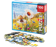 Bienen-Puzzle mit 100 Teilen, Frontansicht, Karton stehend, Puzzleteile liegen davor